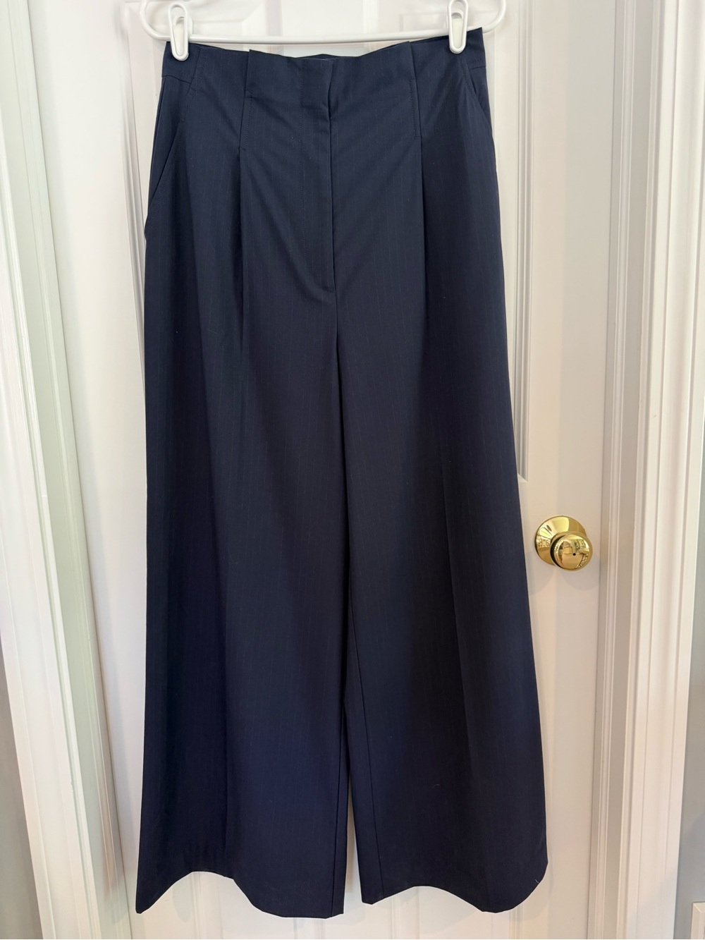 Anthropologie Maeve Wide Leg High Waist Pleated Pinstriped Pants Size 10 Navy